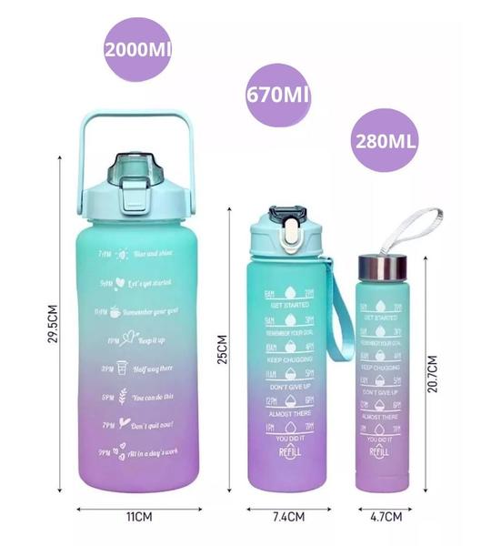 Imagem de Kit 3 Garrafa De Água Escolar Squeeze Motivacional Adesivo 2d e 3d Academia (2L, 670ml e 280ml)