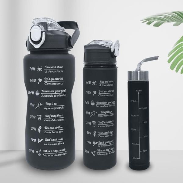 Imagem de Kit 3 Garrafas De Água Motivacional 2L 900Ml 300Ml Preto