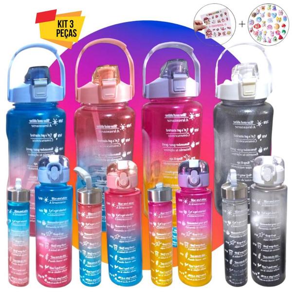 Imagem de Kit 3 Garrafas de Água Squeeze Com Adesivos 350ML+900ML+2000ML