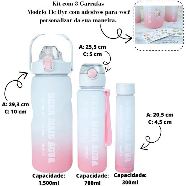 Imagem de Kit 3 Garrafas De Plástico Motivacional 1500ml, 700ml, 300ml