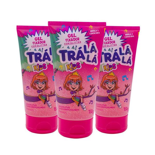 Imagem de Kit 3 Gel Capilar Trá Lá Lá Kids com Glitter Rosa Sem Álcool Modela e Condiciona Infantil Todos os Tipos de Cabelo 150g