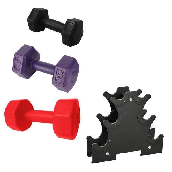 Kit 3 Halteres Peso Academia Bonafit + Suporte 12Kg Imagem de Kit 3 Halteres Peso Academia Bonafit + Suporte 12Kg