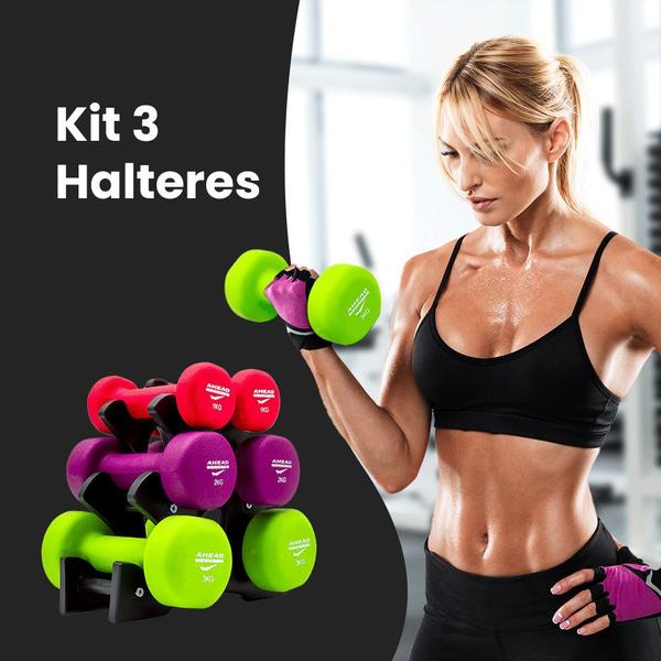 Imagem de Kit 3 Halteres  Peso Academia Fitness + Suporte 12kg