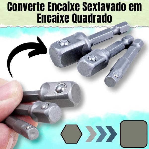 Imagem de  Kit 3 Haste Adaptador Soquete Impacto Parafusadeira Bits 1/4 3/8 1/2 Conversor Quadrado Sextavado Canhao Cachimbo Parafuso Mandril Chave Catraca