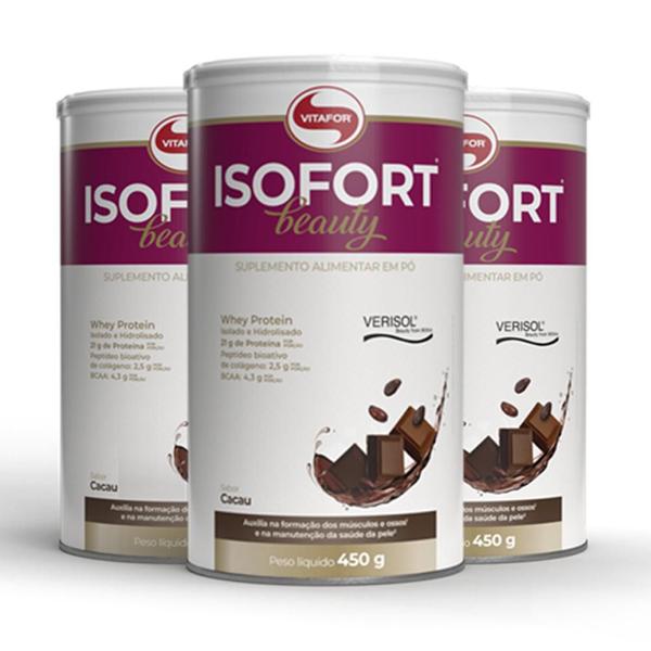 Imagem de Kit 3 Isofort Beauty Whey Protein Isolado Vitafor 450g Cacau