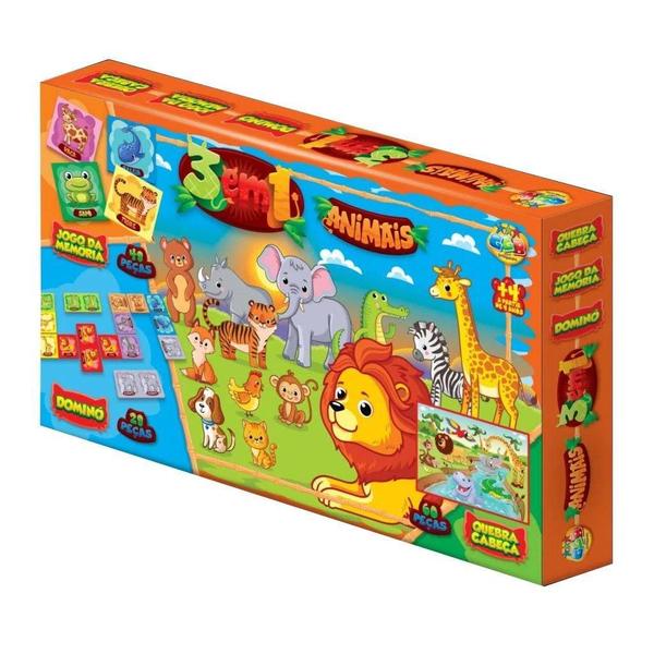 Kit 3 Jogos 1 Animais Quebra Cabeça Jogo Da Memória E Dominó - Gici Kids Imagem de Kit 3 Jogos 1 Animais Quebra Cabeça Jogo Da Memória E Dominó