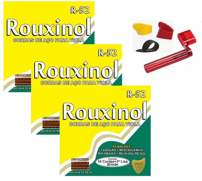 Imagem de Kit 3 Jogos Cordas Viola Rouxinol R-52+ Dedeira +Encordoador