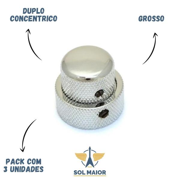 Imagem de Kit 3 Knob Metal Guitarra push pull Largo Curto Cromado dolphin 13450