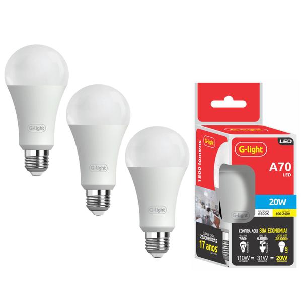 Imagem de Kit 3 Lampada Led 20w Branca 6500K Autovolt E27 1800 Lumens Potente e Econômica para Uso Residencial e Comercial A70