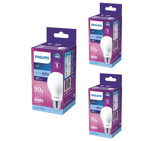 Imagem de Kit 3 Lâmpada Led Bulbo 13w = 90w 1311lm Bivolt Philips 6500k branca Cor Da Luz Branco-frio