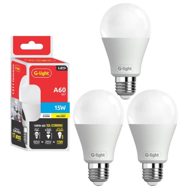 Imagem de Kit 3 Lâmpada Led Bulbo A60 15W E27 3000K Luz Branca