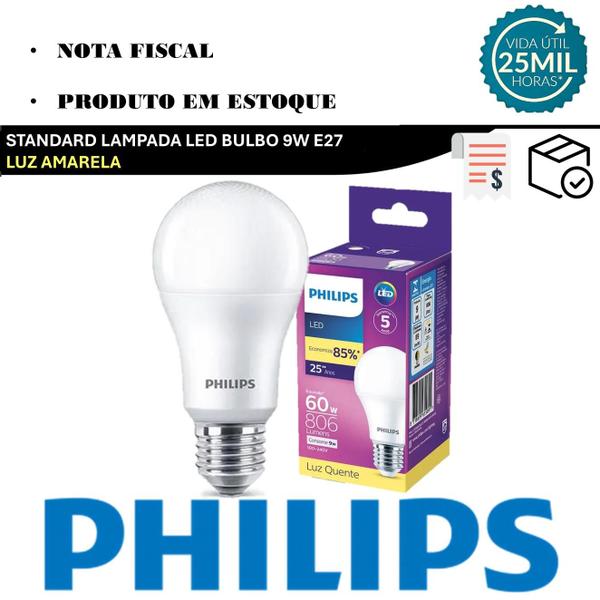 Imagem de Kit 3 Lampada Led Bulbo Philips 9w Branco Quente 3000K E27