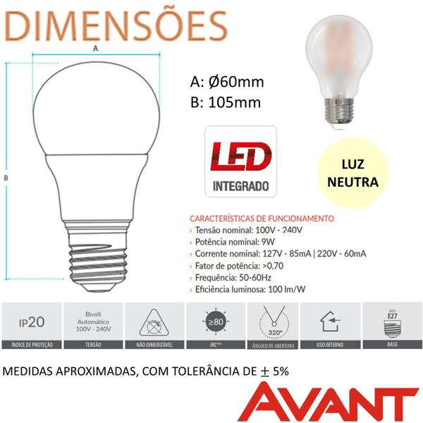 Kit 3 Lampada Led Pera Matte 9w Filamento Branco Neutro 4000k E27 - Avant Imagem de Kit 3 Lampada Led Pera Matte 9w Filamento Branco Neutro 4000k E27
