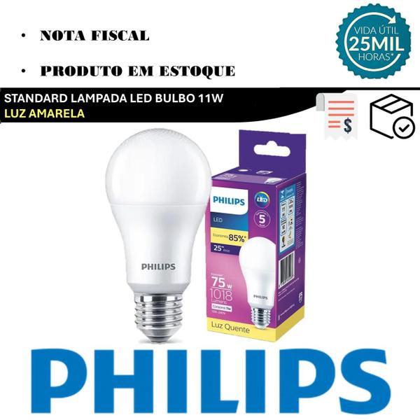 Imagem de Kit 3 Lampada Led Philips 11w Bivolt Luz Amarela 3000k Base E27