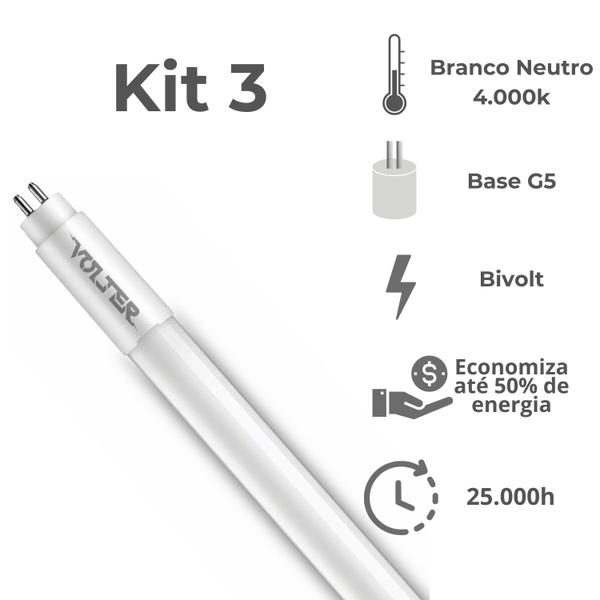 Imagem de Kit 3 Lâmpada Led Tubular Volter 9w T5 55cm G5 bivolt branco neutro 4000k 950lm