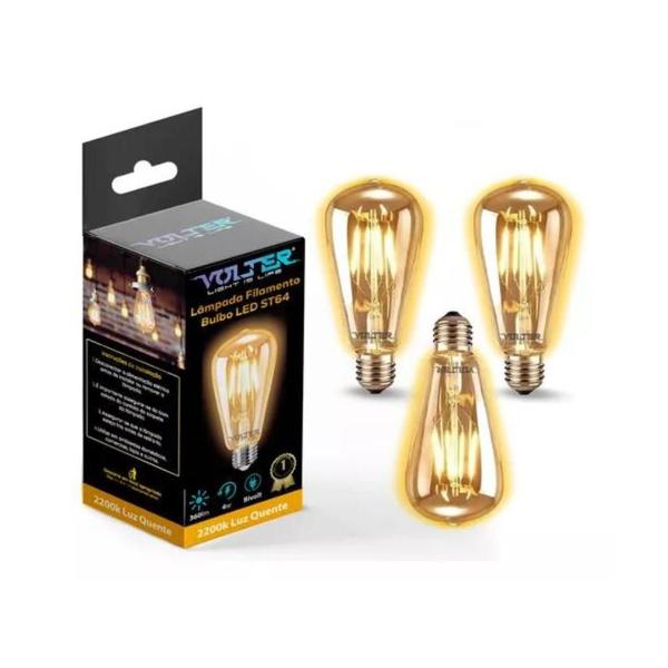 Kit 3 Lâmpadas Led Filamento Retrô St64 4w Bivolt E27 Volter Imagem de Kit 3 Lâmpadas Led Filamento Retrô St64 4w Bivolt E27 Volter