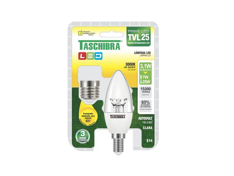 Imagem de Kit 3 lâmpadas led taschibra vela tvl25 clara 3w e14 c/adpt