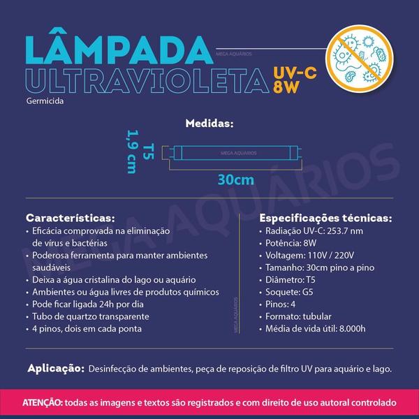 Kit 3 lâmpadas UV germicida 8W reposição filtro lago aquário - Mega Aquários Imagem de Kit 3 lâmpadas UV germicida 8W reposição filtro lago aquário