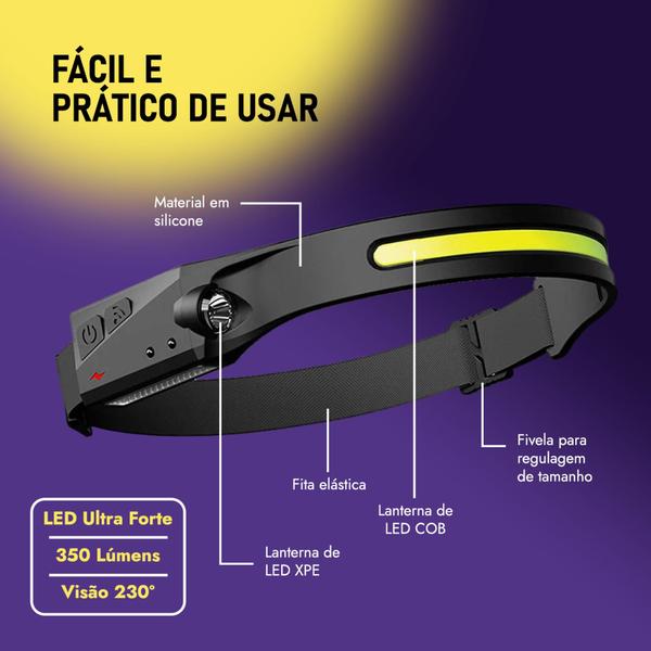 Imagem de Kit 3 Lanterna de Cabeça Testa Fita Ajustável Led Cob Potente Bike Pesca Mecânica Sensor Movimento