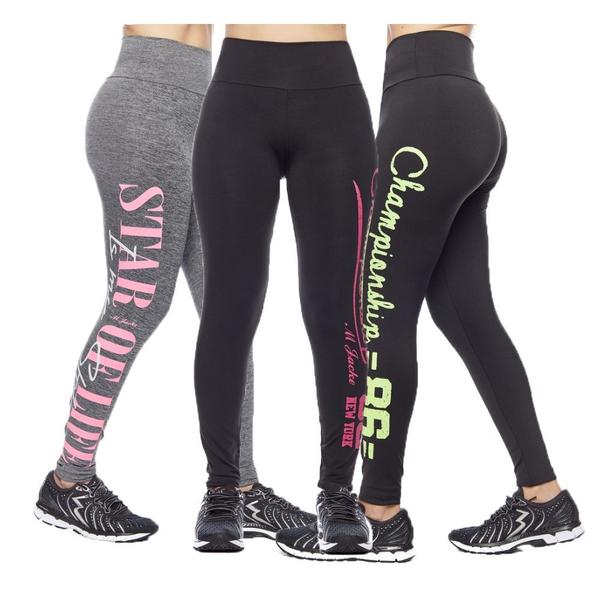 Imagem de Kit 3 legging adulto feminina fitness academia cós alto escrita lateral básica