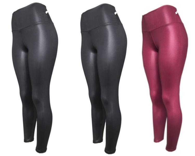 Imagem de Kit 3 Legging Cirre Cintura Alta Brilho Molhado Imita Couro Lycra PRETO-PRETO-MARROM P