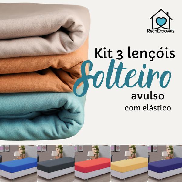 Imagem de kit 3 Lençol Solteiro Avulso com Elástico 0,88m x 1,88m x 0,20m de Altura