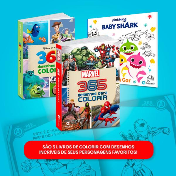 Imagem de Kit 3 Livros Para Pintar Colorir Desenhar Disney Pixar Marvel Babyshark Diversão 365 Desenhos