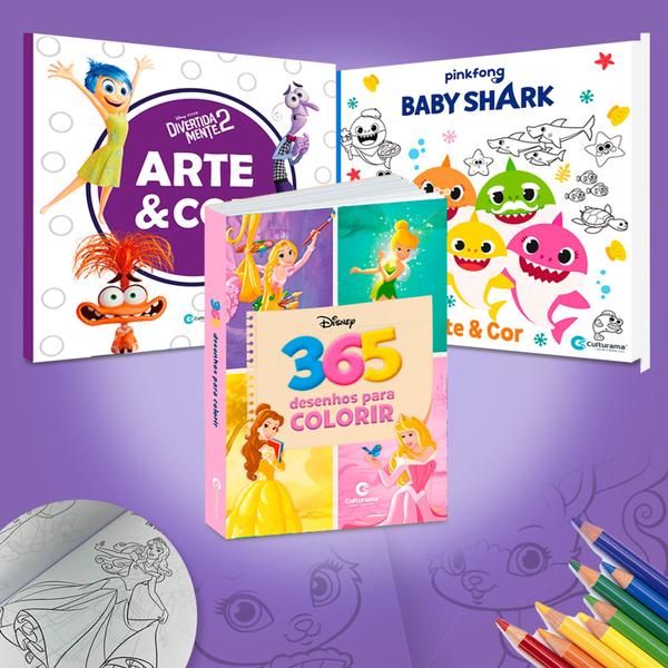 Imagem de Kit 3 Livros Para Pintar Colorir Desenhar Disney Princesas Divertidamente e BabyShark Diversão