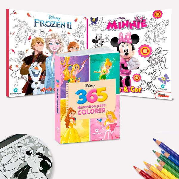 Imagem de Kit 3 Livros Para Pintar Colorir Desenhar Disney Princesas Frozen e Minnie Mouse Diversão