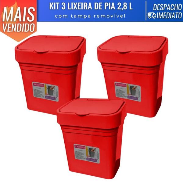 Imagem de Kit 3 Lixeira de Pia C/ Tampa Removível Plástica 2,8L Banheiro Cozinha