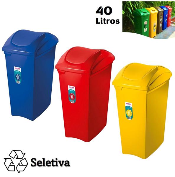 Imagem de Kit 3 Lixeiras 40 Litros Seletivas Para Plástico Papel Metal Cesto De Lixo Tampa Basculante - Sanremo