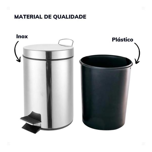 Imagem de Kit 3 Lixeiras Cesto De Lixo 3 Litros Com Pedal Emborrachado 100% Aço Inox Balde Interno Removível Tampa Redonda Prático