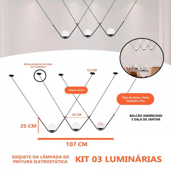 Imagem de Kit 3 Luminarias Pendente Oscar Dourado e Preto Vidro Globo 12 cm