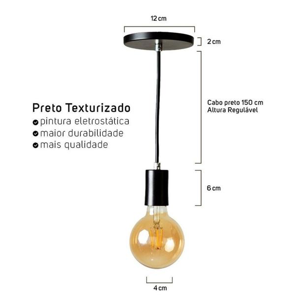 Imagem de Kit 3 Lustre Pendente Industrial Preto Para Entrada