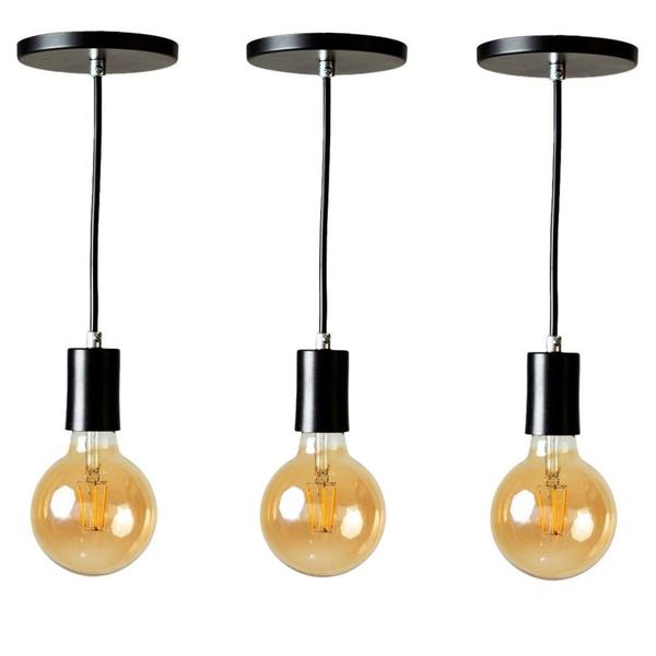 Kit 3 Lustre Pendente Industrial Preto Para Mesa De Jantar - Nova Lume Imagem de Kit 3 Lustre Pendente Industrial Preto Para Mesa De Jantar
