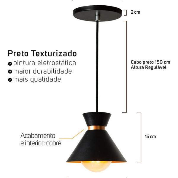 Imagem de Kit 3 Lustres Decorativo Mini Berlim Preto Com Cobre 15cm