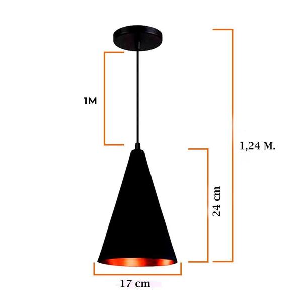 Imagem de Kit 3 Lustres Pendente Cone Em Alumínio Preto Fosco E Cobre