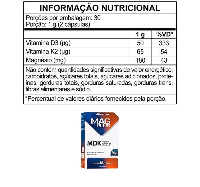 Imagem de Kit 3 Mag Plus Mdk Magnésio Vit D3 E Vit K2 60 Caps Herbamed