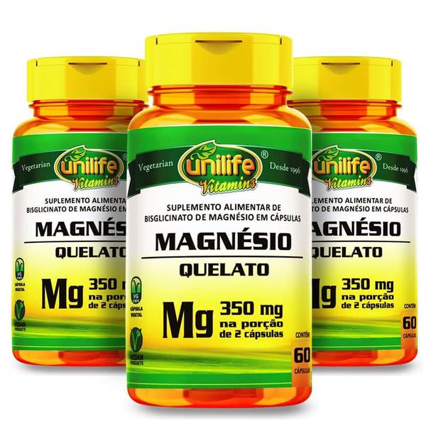 Imagem de KIT 3 MAGNÉSIO QUELATO BISGLICINATO 60 Cápsulas 350mg UNILIFE