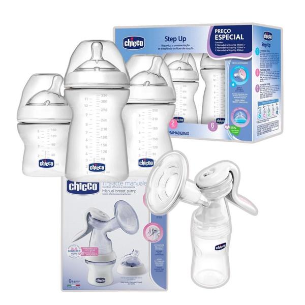 Imagem de Kit 3 mamadeiras 150ml, 250ml e 300ml e bomba tira leite step up manual - chicco