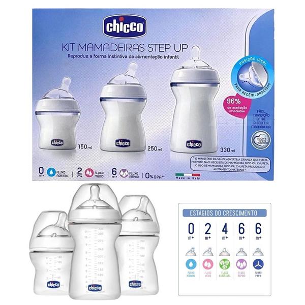 Imagem de Kit 3 mamadeiras 150ml, 250ml e 300ml e bomba tira leite step up manual - chicco