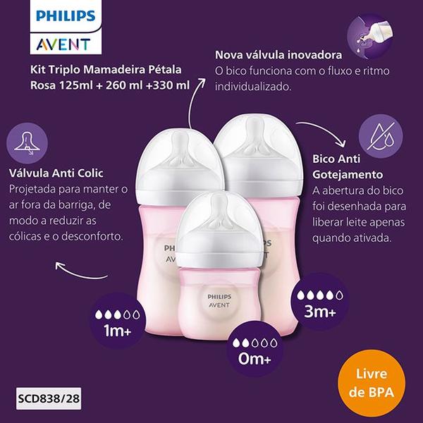 Imagem de Kit 3 Mamadeiras Avent Pétala Anti-Cólica 125, 260 E 330ml Cor Rosa Philips Avent