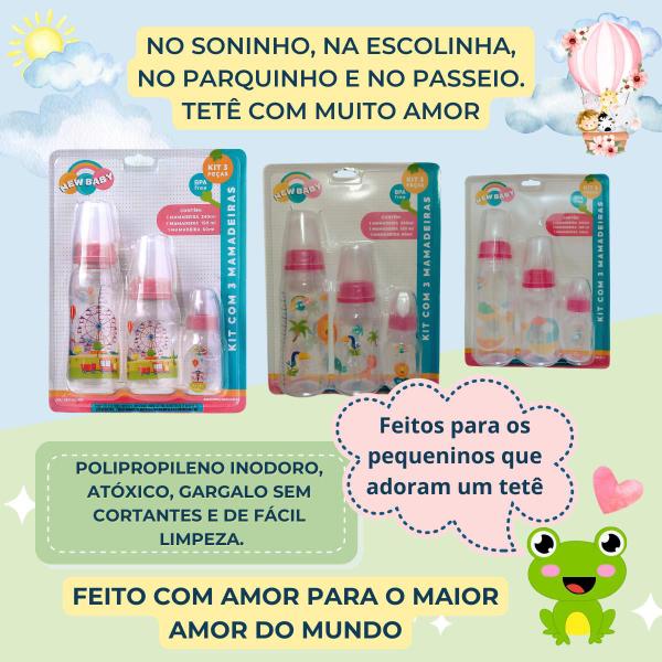 Imagem de Kit 3 Mamadeiras Bico de Silicone Assimétrico  3 tamanhos 240m 150ml 60ml Chá de Bebê Revelação Leite Materno - New Baby