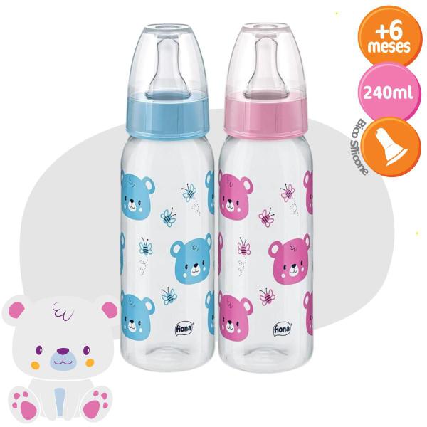 Imagem de Kit 3 Mamadeiras de Bebê 50/120/240ml Bico de Silicone Redondo Rosa Azul Ursinho 0+m