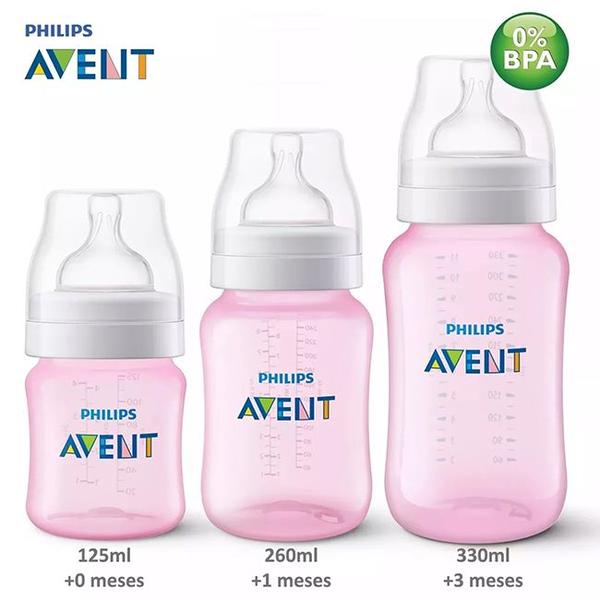 Imagem de Kit 3 Mamadeiras Philips Avent Classic 125 / 260 / 330ml de 0 a 6 Meses - Rosa