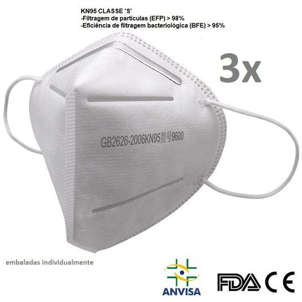 Imagem de Kit 3 Máscara GB2626-2006 Proteçao kN95 classe S Com Registro ANVISA Laudo BFE 95% FDA CA