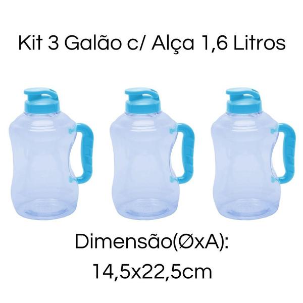 Imagem de Kit 3 Mini Galão De Água 1,6 Litros Com Alça Squeeze Garrafa Academia Livre de BPA PET 1600ml