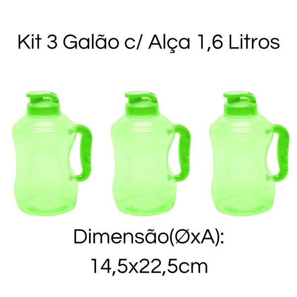 Imagem de Kit 3 Mini Galão De Água 1,6 Litros Com Alça Squeeze Garrafa Academia Livre de BPA PET 1600ml