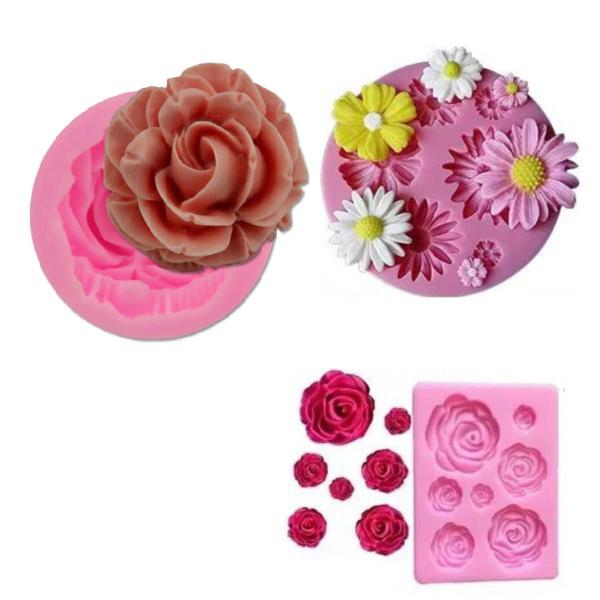 Imagem de Kit 3 Moldes De Silicone Flores Rosa Margarida CM 187