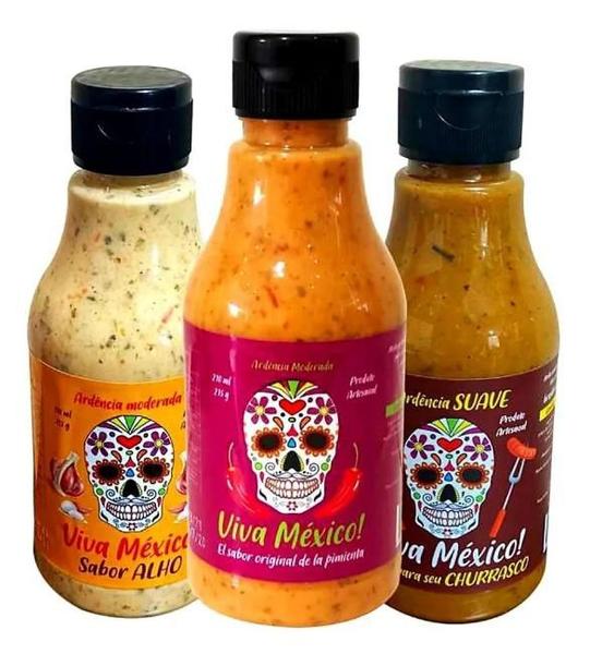 Kit 3 Molho Pimenta Gourmet Artesanal Temperos Tradicional Alho Churrasco Viva México 210 ml cada Imagem de Kit 3 Molho Pimenta Gourmet Artesanal Temperos Tradicional Alho Churrasco Viva México 210 ml cada